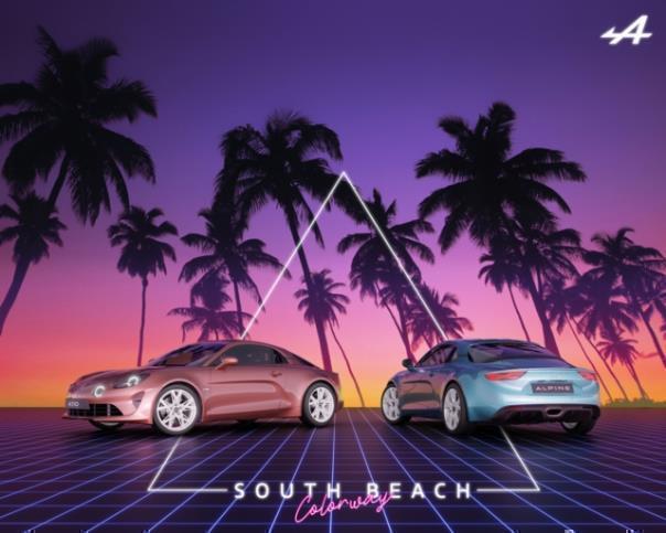 Anlässlich des ersten Formel 1 Grand-Prix in Miami enthüllt Alpine ein exklusives South Beach Colorway-Paket für die Alpine A110 in den Farben Bleu Azur und Rose Bruyère.